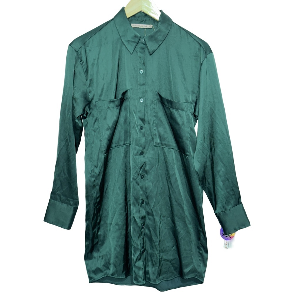 Abercrombie & Fitch Green Satin Collared Button Up Long Sleeve Mini Dress Sz XS